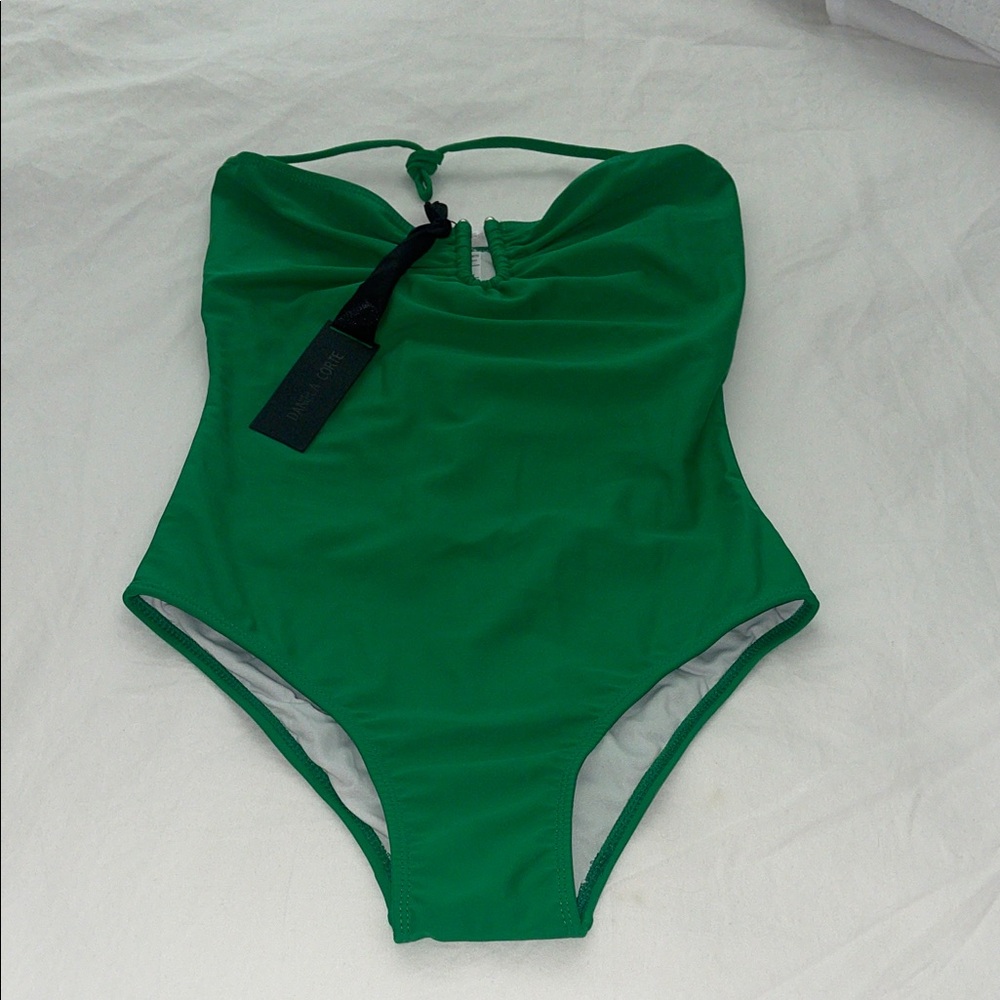 DANIELA CORTE Green One Piece Swimsuit Halter Strap Silver Accent Size Medium - Picture 2 of 13